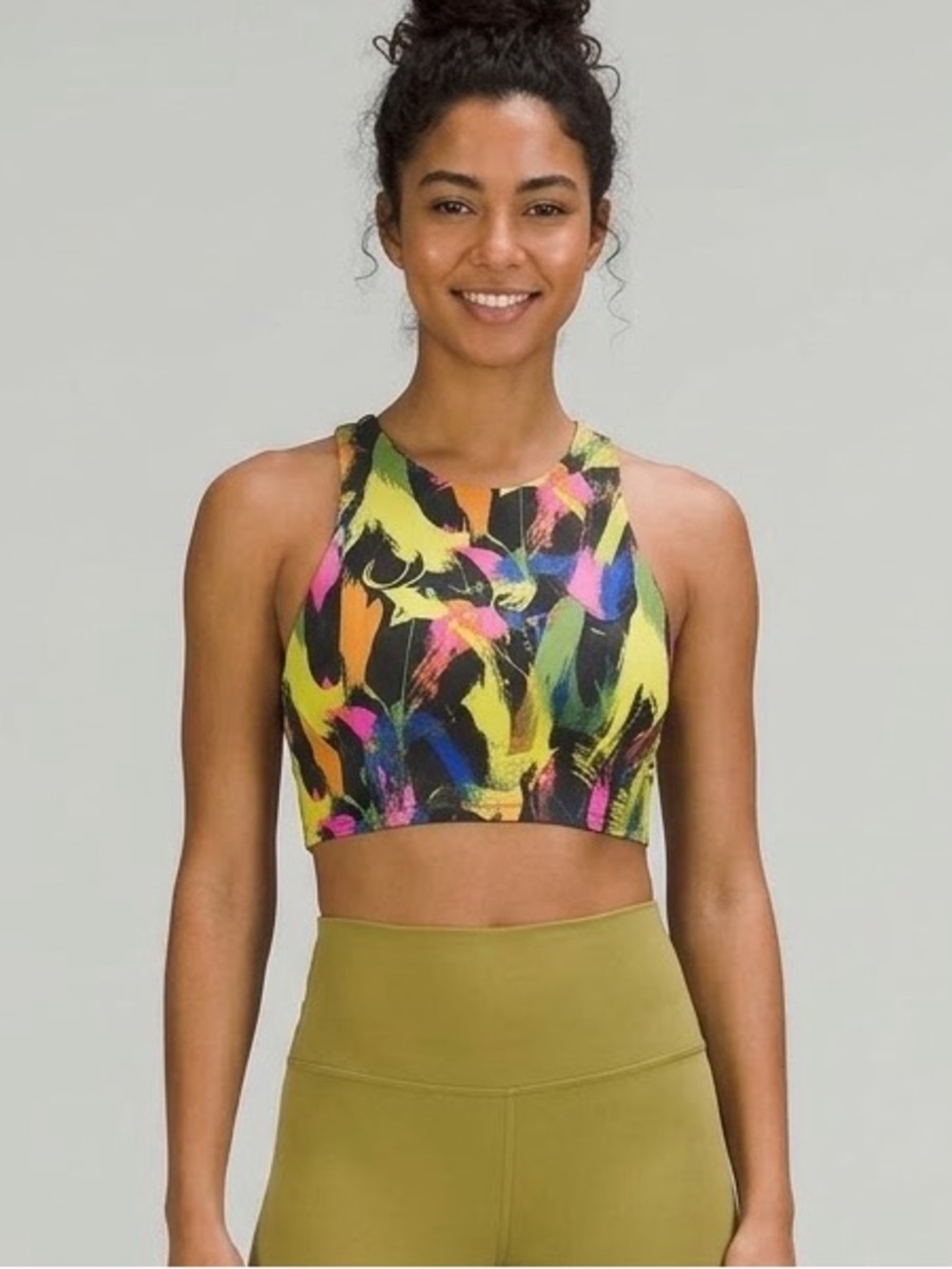 Lululemon High-Neck Longline Sports Bra Crop Top - Neon Brushstroke (Size 6 / S)
